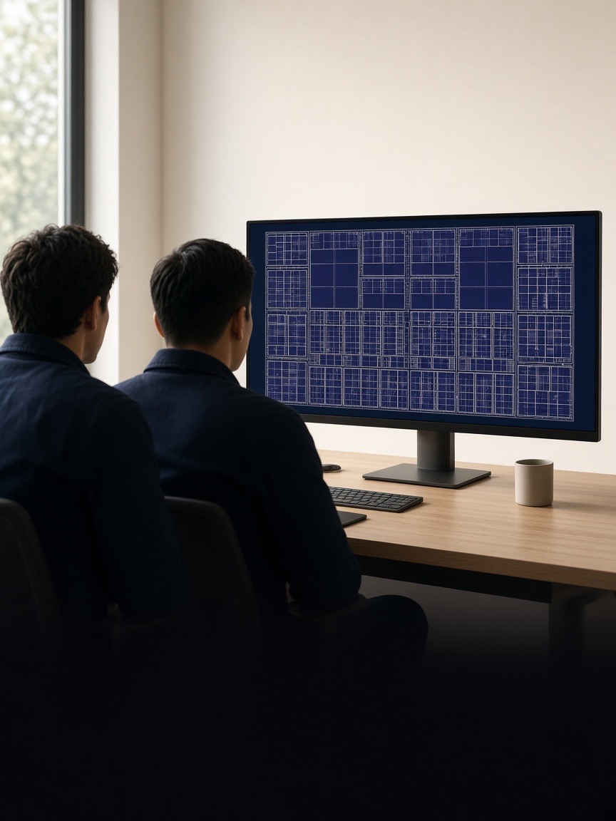 Two engineers reviewing a chip floorplan on a large display