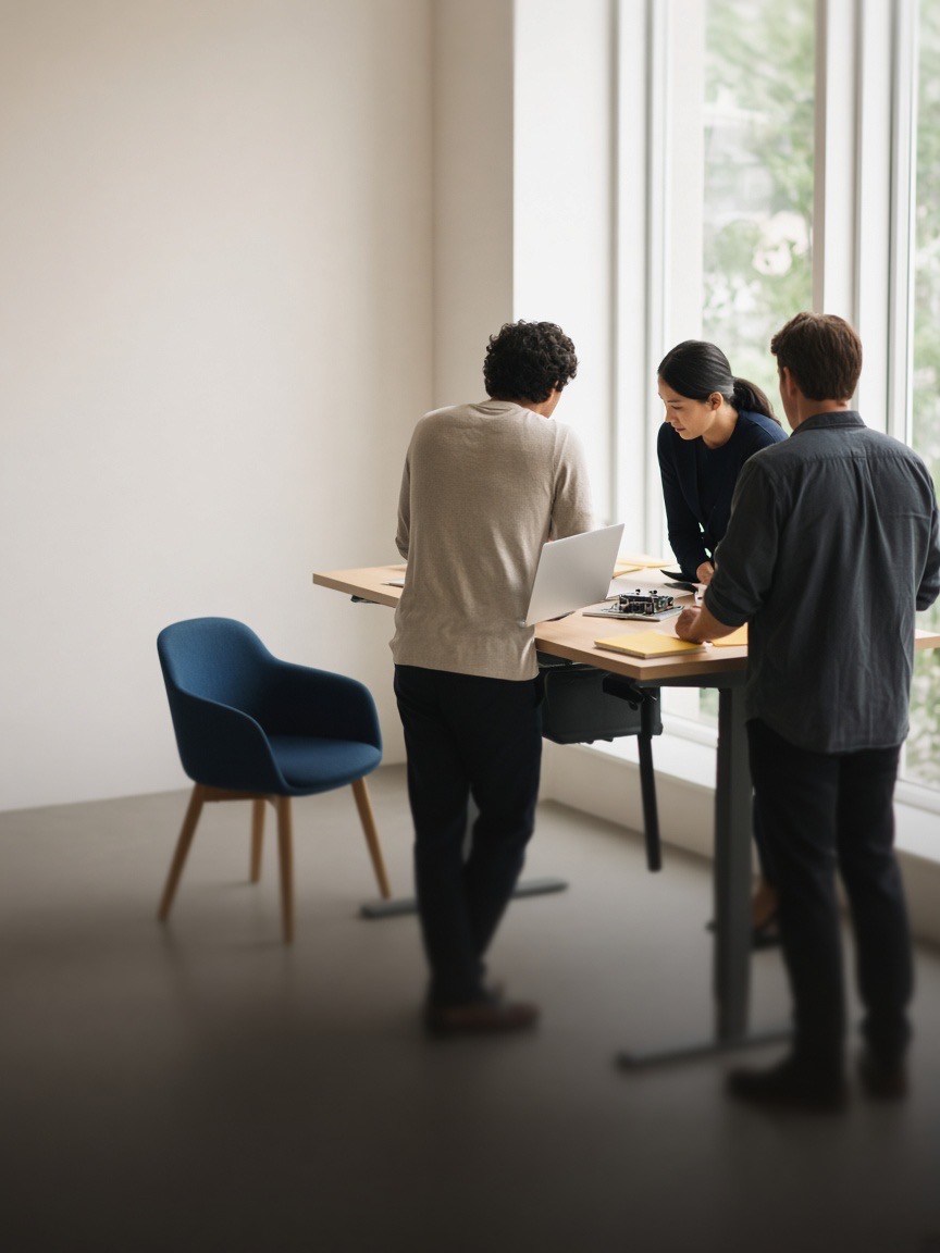 Engineers collaborating at a standing desk in a bright office