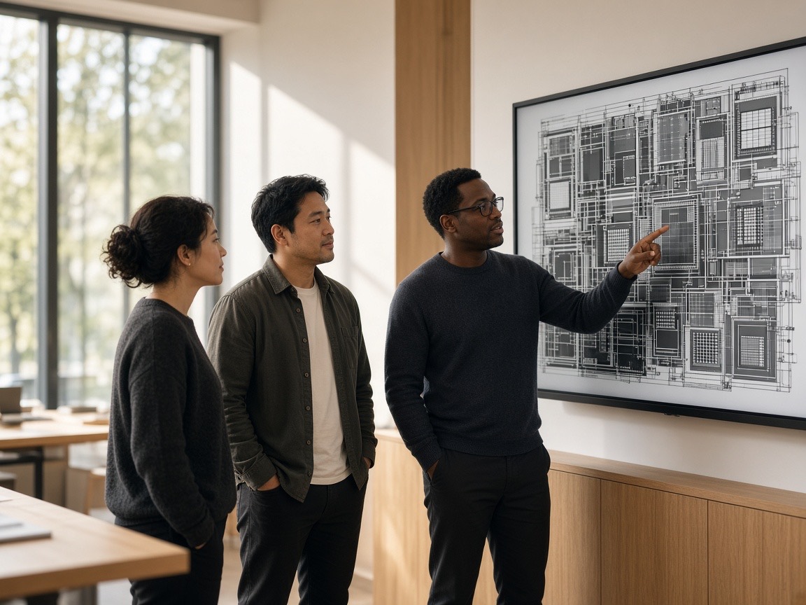 Three engineers reviewing a chip floorplan on a wall display in a bright studio