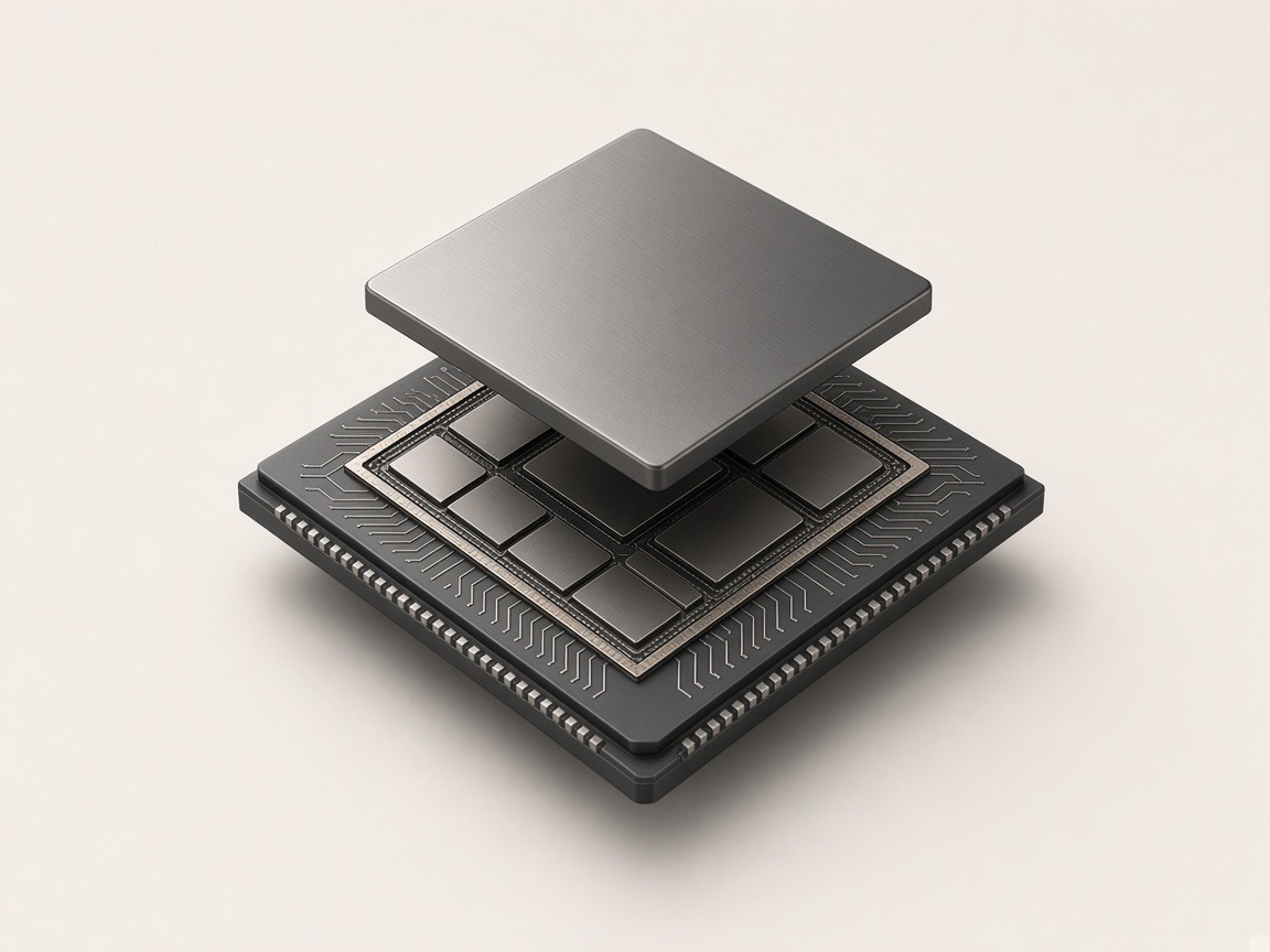 Chip package with its brushed-steel lid lifted to reveal the SoC floorplan on the die