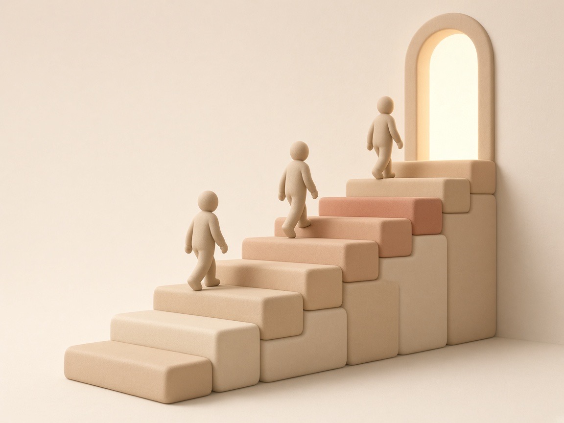 Soft clay-style illustration of figures climbing warm-toned steps toward a lit doorway