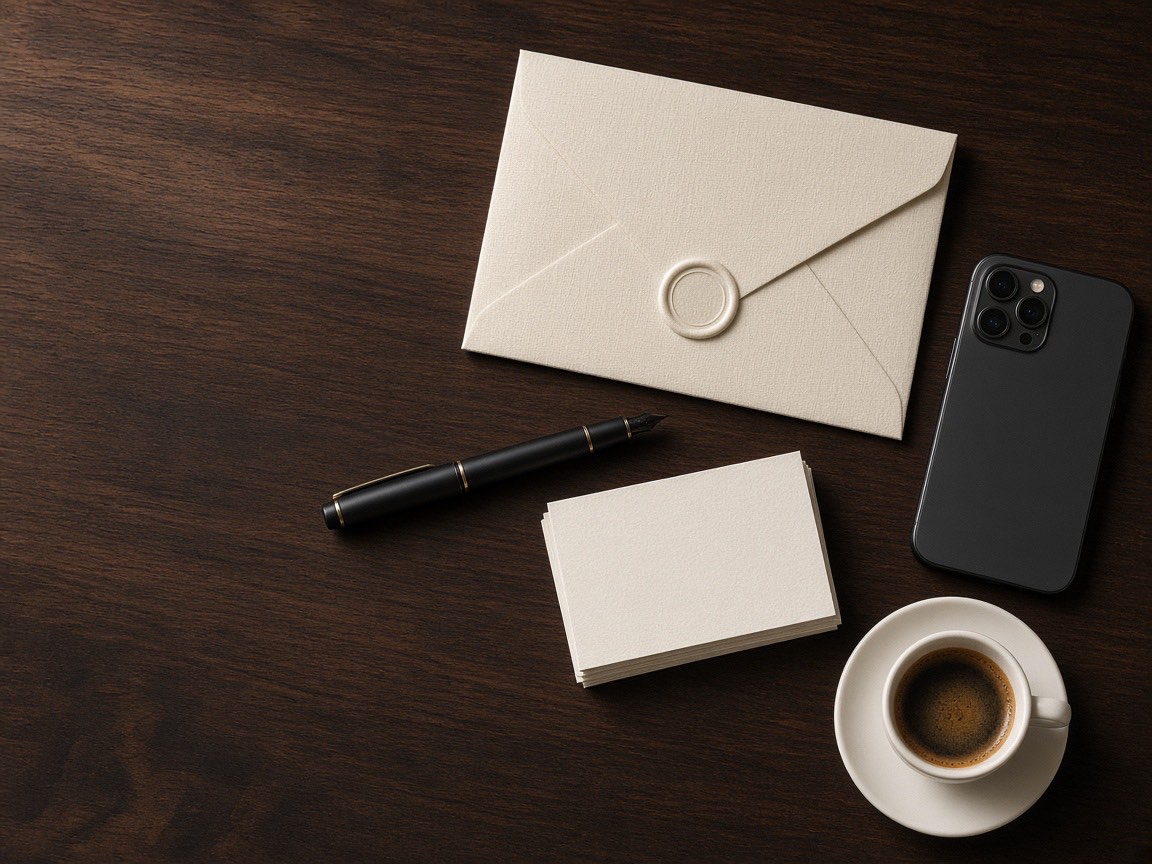Flat-lay of an envelope, fountain pen, business cards, phone and espresso on a walnut desk