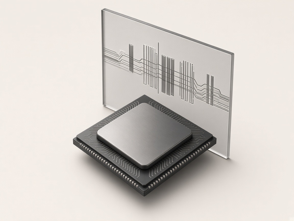 Chip package in front of a frosted-glass panel etched with a digital waveform