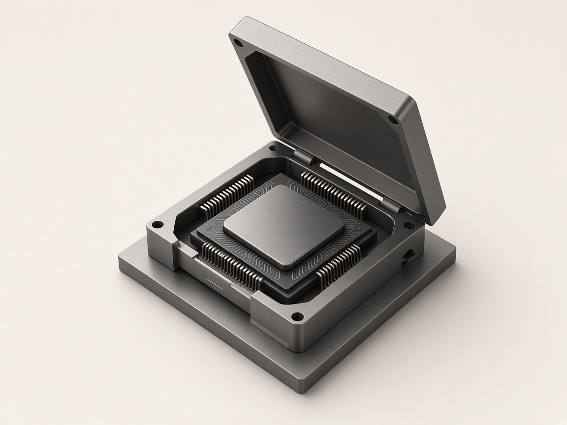 Chip package seated in an open precision test socket with pogo-pin contacts