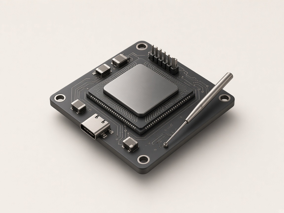 Graphite evaluation board with a central chip and an oscilloscope probe on a test point